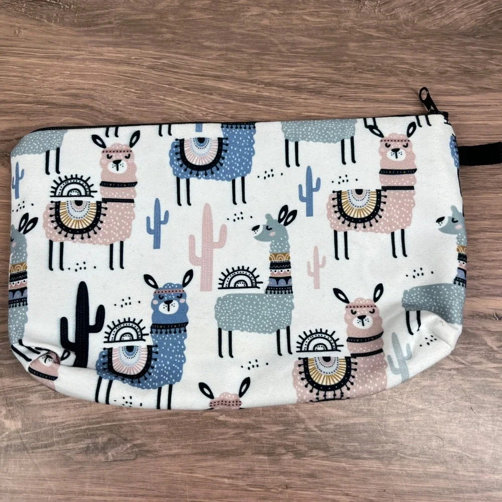 Llama Cactus Print Cosmetic Bag ‎ Medium White Pink Blue Pouch